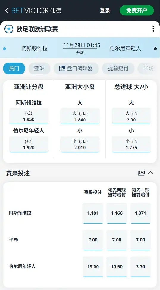 阿斯顿维拉vs年轻人-欧联杯博彩赔率和盘口信息由伟德(betvictor)提供