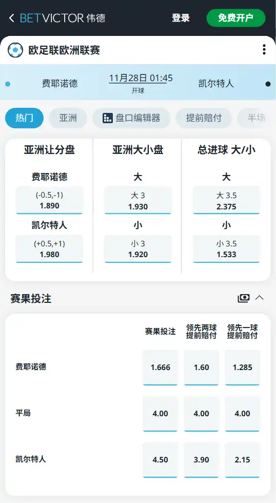 费耶诺德vs凯尔特人-欧联杯博彩赔率和盘口信息由伟德(betvictor)提供