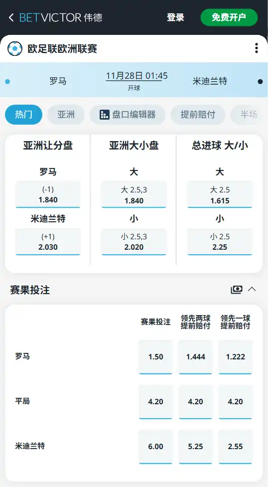 罗马vs米迪兰特-欧联杯博彩赔率和盘口信息由伟德(betvictor)提供
