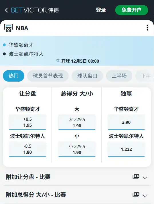 凯尔特人vs奇才-NBA博彩赔率和盘口信息-伟德(betvictor)提供