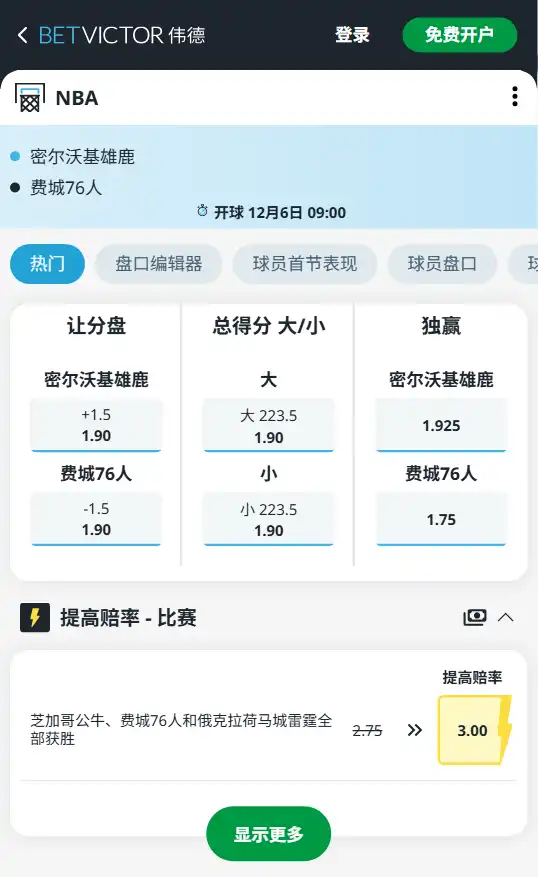 76人vs雄鹿 -NBA博彩赔率和盘口信息-伟德(betvictor)提供