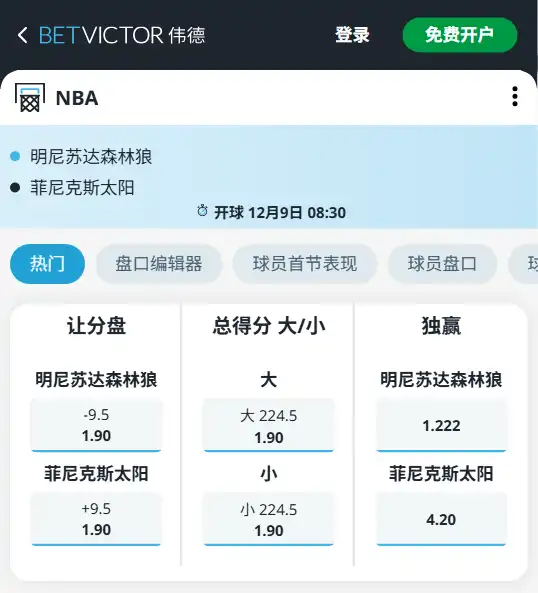 太阳vs森林狼-NBA博彩赔率和盘口信息-伟德(betvictor)提供