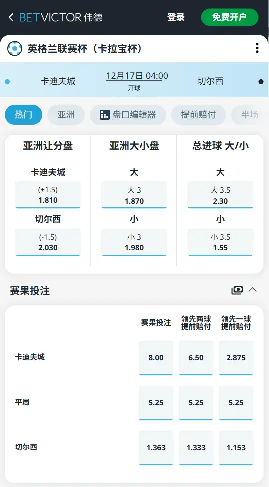卡迪夫城vs切尔西，英格兰联赛杯赔率和盘口信息-伟德(BetVictor)提供