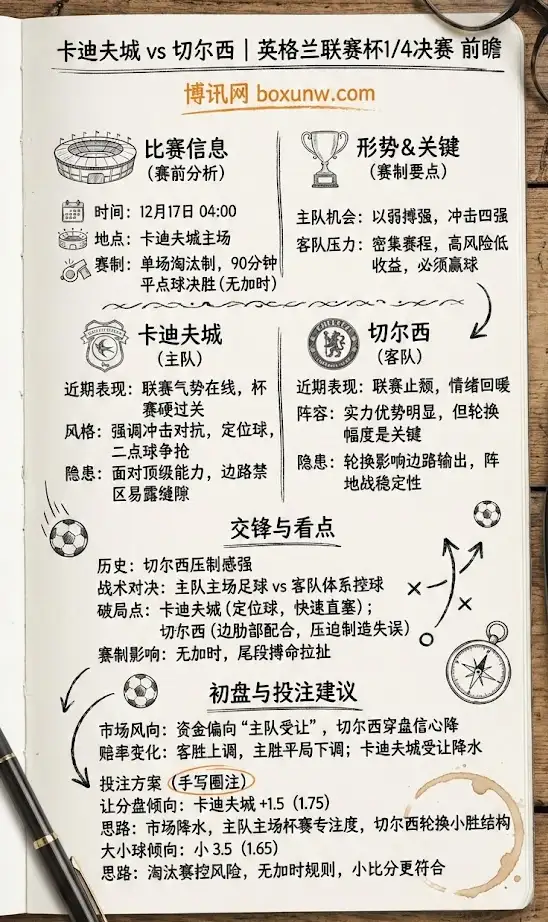 卡迪夫城vs切尔西 | 英格兰联赛杯1/4决赛 | 前瞻解析+盘口走势+投注建议