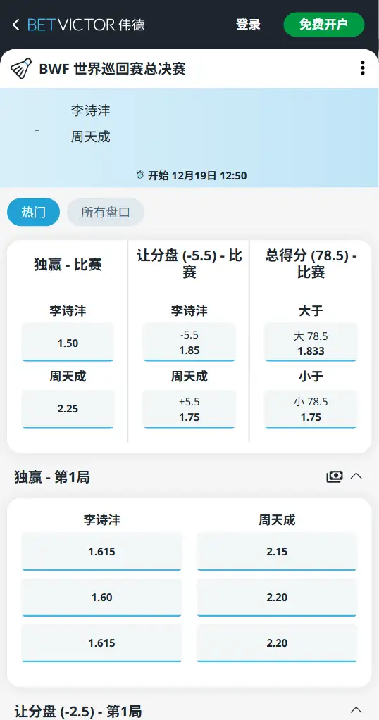 2025世界羽联年终总决赛-李诗沣vs周天成-赔率和盘口信息-伟德(BetVictor)提供