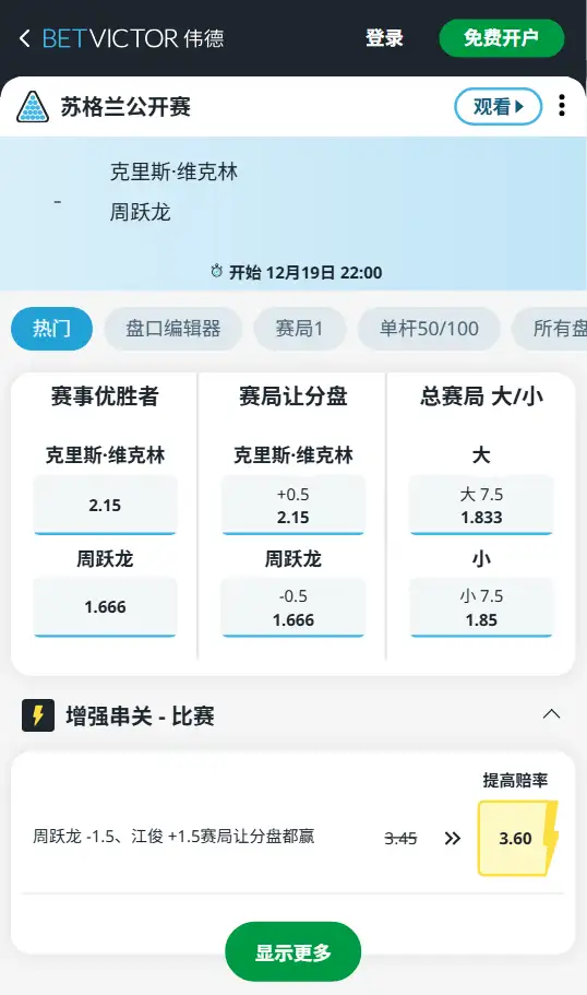维克林vs周跃龙 | 2025苏格兰公开赛1/4决赛 | 前瞻+赔率趋势+投注建议