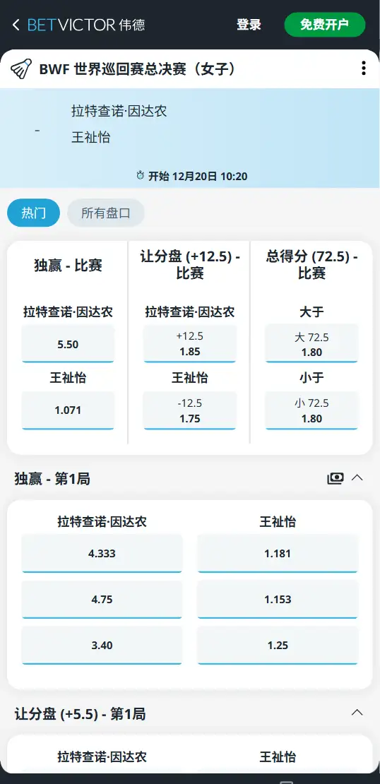 羽毛球 - 因达农vs王祉怡-BWF 世界巡回赛总决赛赔率和盘口信息-伟德(betvictor)提供