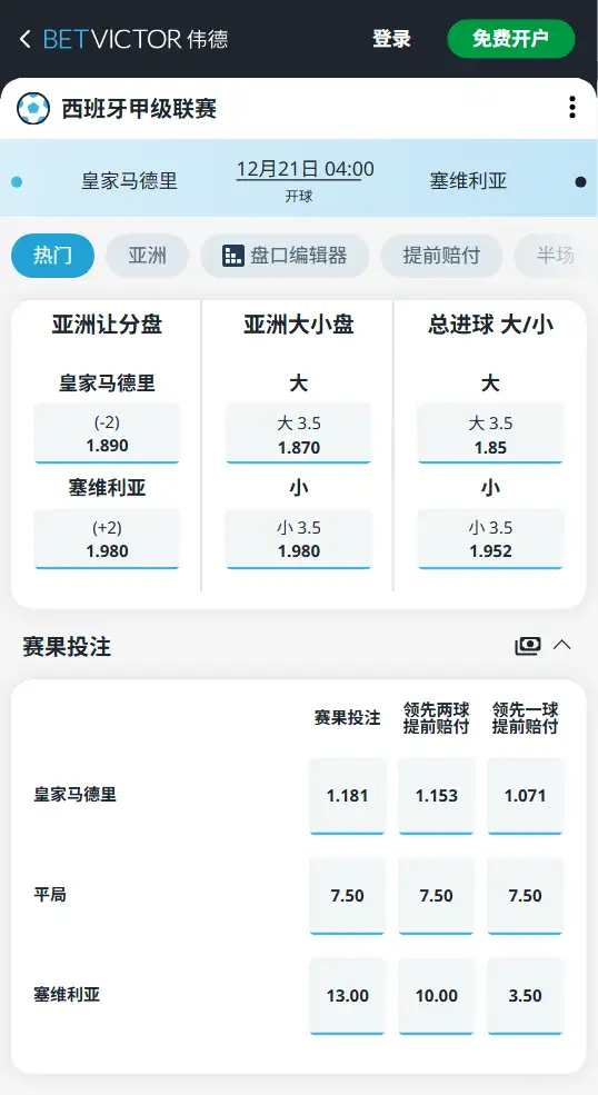 皇家马德里vs塞维利亚,西甲赔率和盘口信息-188bet(taptap)提供