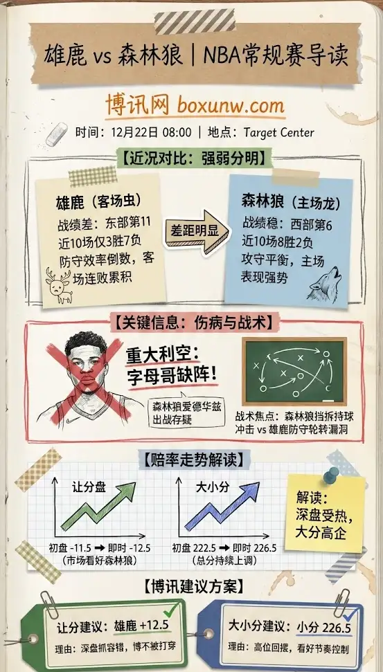 雄鹿 vs 森林狼 | NBA常规赛 | 伤病轮换+赔率走势+投注建议