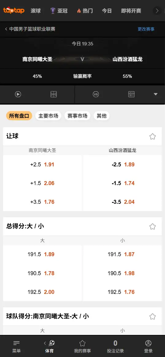 南京vs山西-CBA博彩赔率和盘口信息-188bet(TapTap)提供