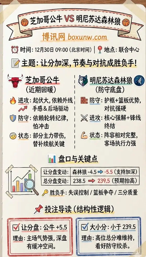 芝加哥公牛vs明尼苏达森林狼前瞻:让分加深,节奏与对抗成胜负手