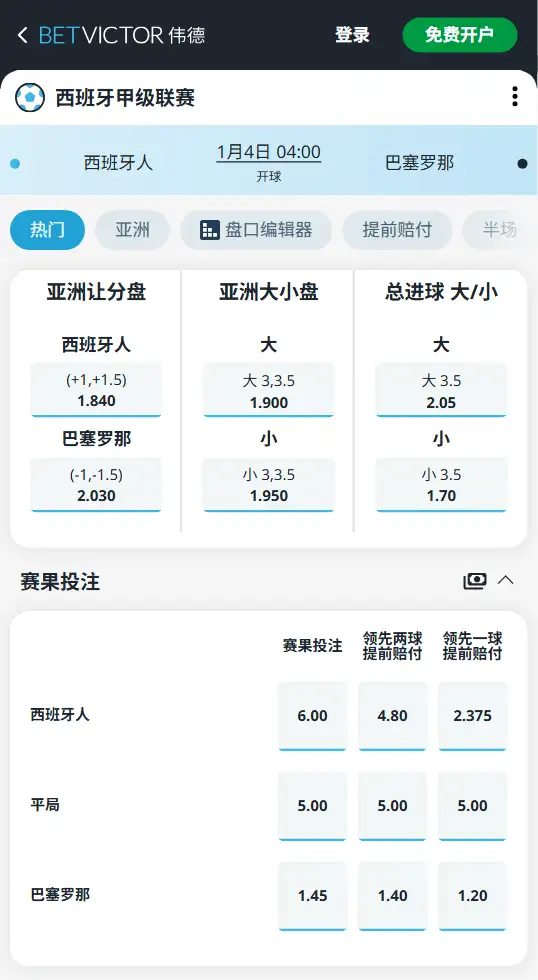 西班牙人vs巴塞罗那,西甲赔率和盘口信息-伟德(BetVictor)提供
