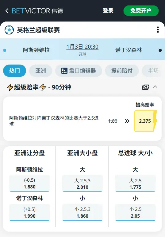 阿斯顿维拉vs诺丁汉森林,英超赔率和盘口信息-188bet(taptap)提供