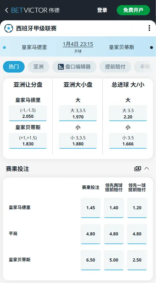 皇马vs贝蒂斯,西甲赔率和盘口信息-188bet(taptap)提供
