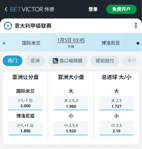 国际米兰vs博洛尼亚，意甲赔率和盘口信息-伟德(BetVictor)提供