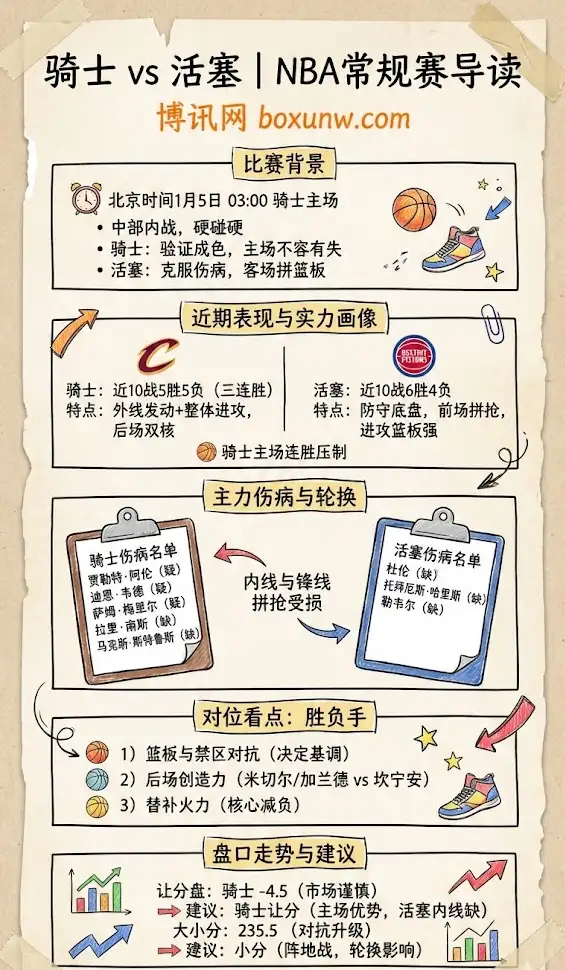 骑士vs活塞 | NBA常规赛 | 赛前形势解析+伤病轮换+盘口走势