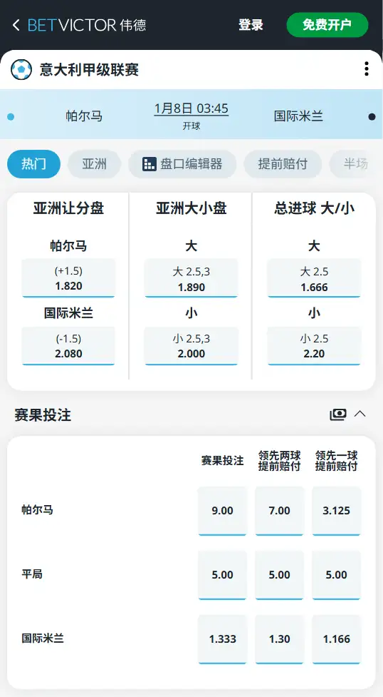 帕尔马VS国际米兰,意甲赔率和盘口信息-伟德(BetVictor)提供