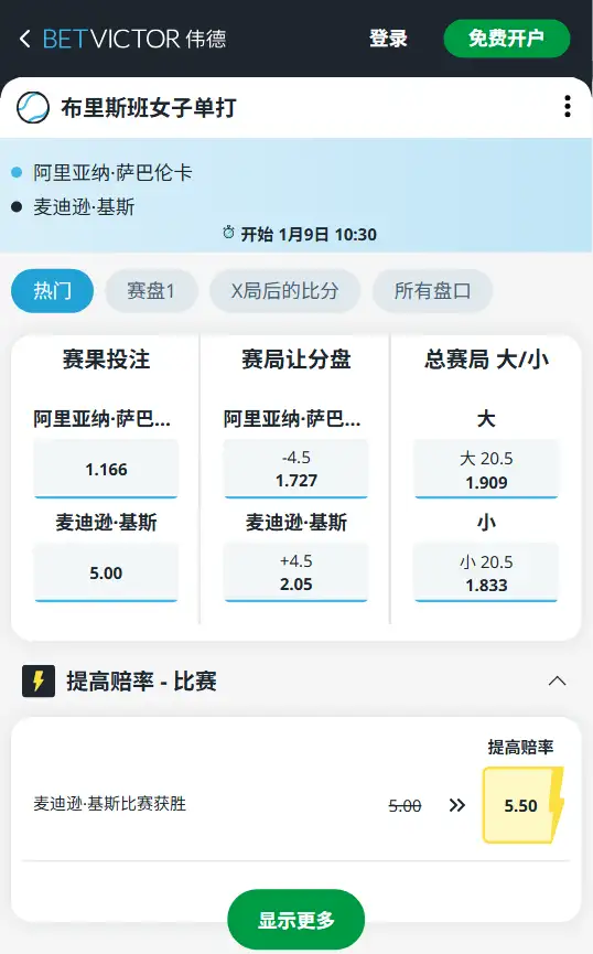 WTA500布里斯班 | 萨巴伦卡 vs 基斯 - 赔率信息 - 伟德(BetVictor)
