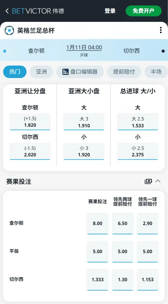 查尔顿vs切尔西,足总杯赔率和盘口信息-188bet(taptap)提供