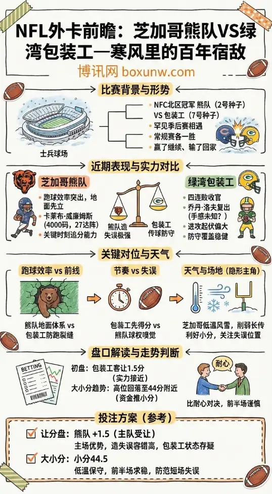 NFL外卡前瞻:芝加哥熊队VS绿湾包装工—寒风里的百年宿敌,盘口走向与投注技巧