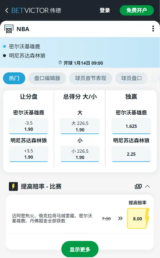 雄鹿vs森林狼-NBA博彩赔率和盘口信息-伟德(betvictor)提供
