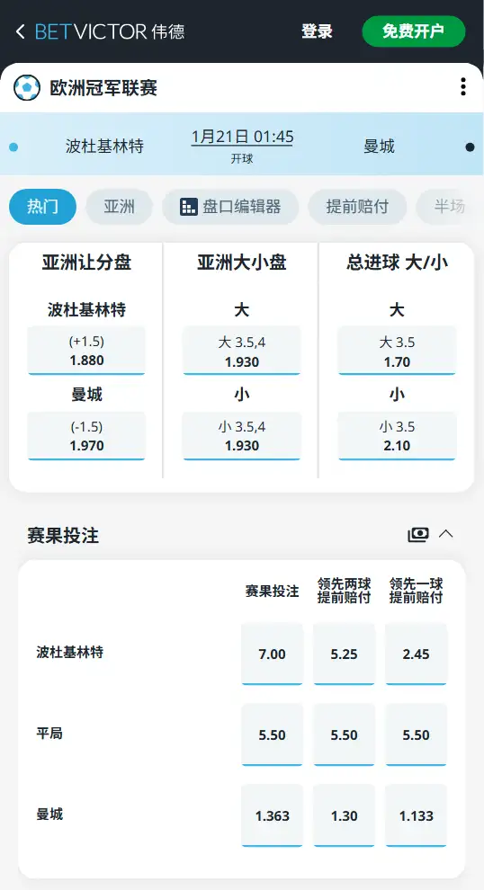 马竞vs阿森纳，欧冠赔率和盘口信息-伟德(BetVictor)提供