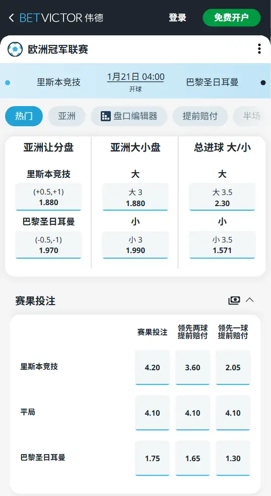 里斯本竞技vs巴黎圣日耳曼,欧冠赔率和盘口信息-伟德(BetVictor)提供
