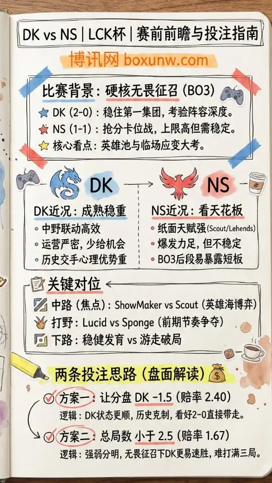 DK对战NS | LCK杯 | 赛前前瞻、盘面解读，赔率走势、两条投注思路
