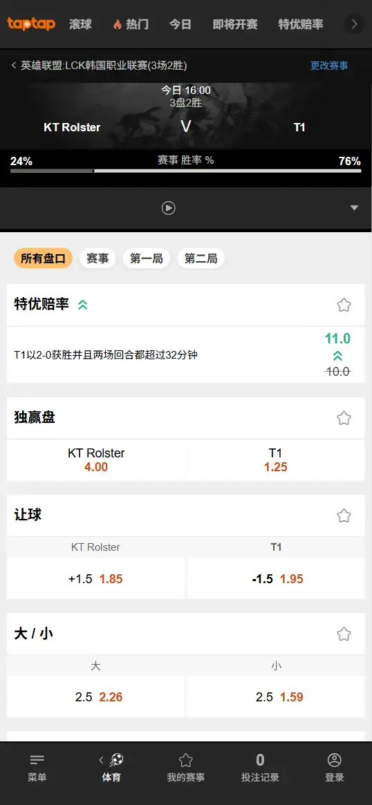 KT对战T1- 2026英雄联盟LCK杯 - 赔率盘口信息188bet(TapTap)提供