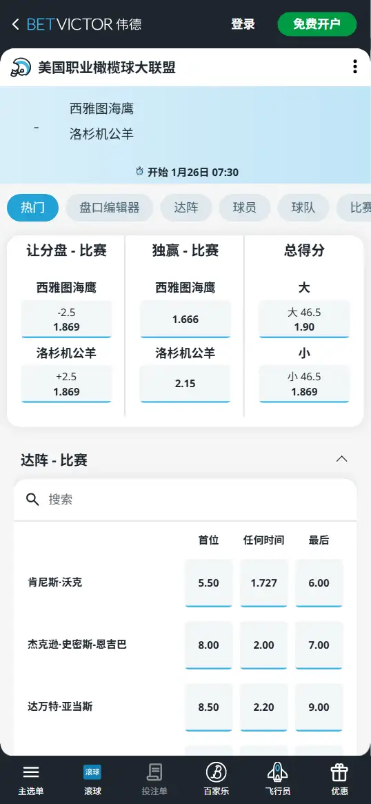 AFC冠军赛 - 海鹰vs公羊-NFL赔率和盘口信息-伟德(betvictor)提供