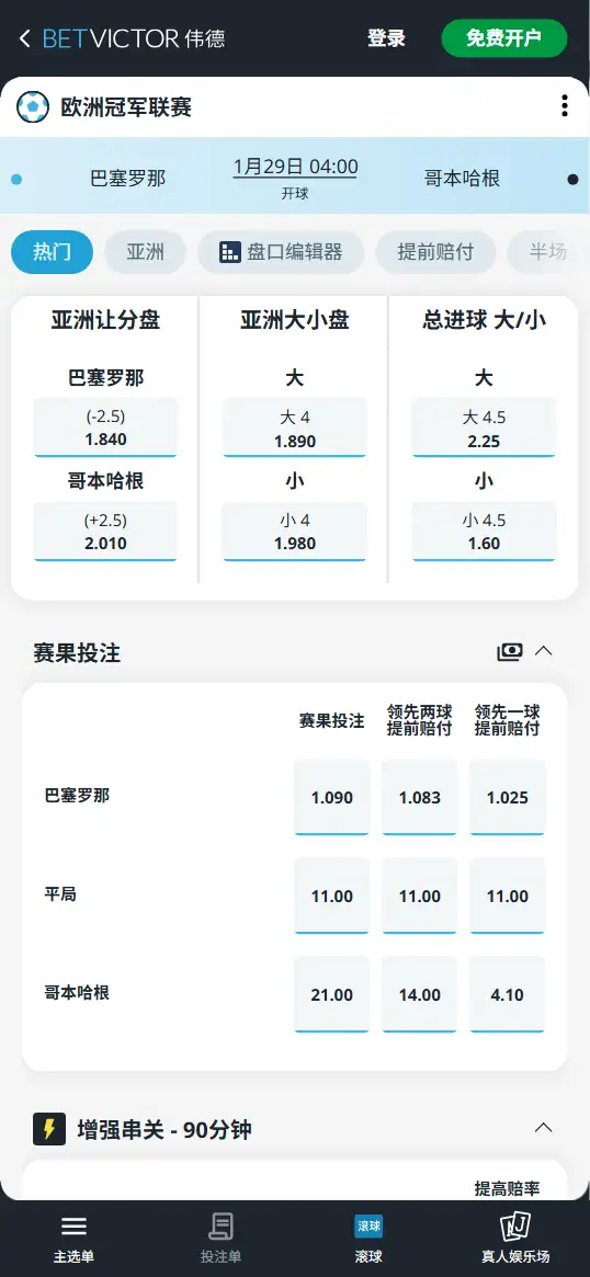 巴塞罗那vs哥本哈根,欧冠赔率和盘口信息-伟德(BetVictor)提供