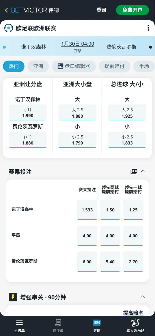 诺丁汉森林vs费伦茨瓦罗斯,欧联赔率和盘口信息-伟德(BetVictor)提供