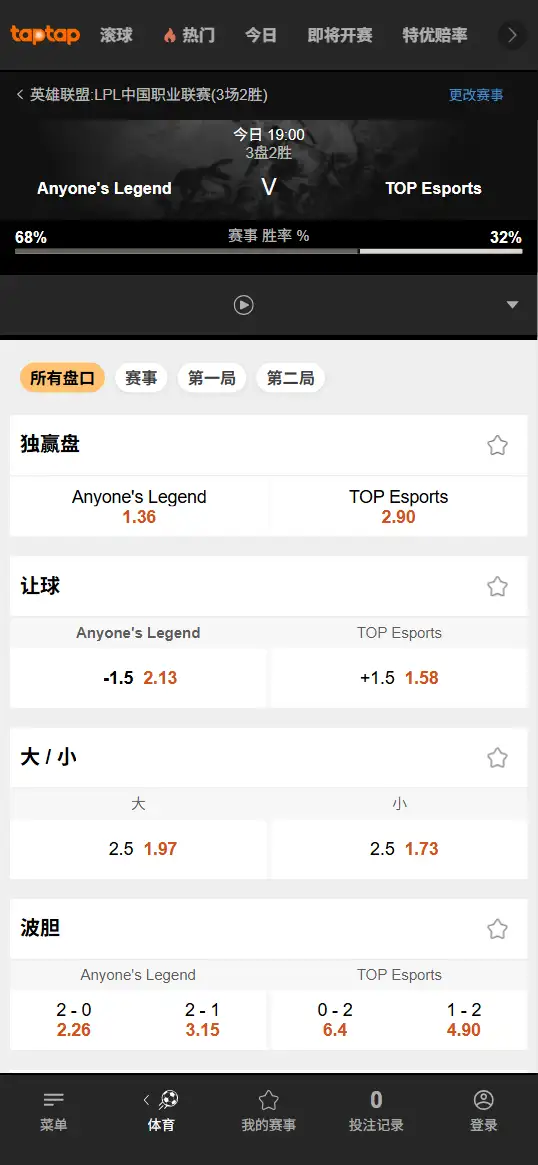 AL对战TES - 2026英雄联盟LPL - 赔率盘口信息188bet(TapTap)提供