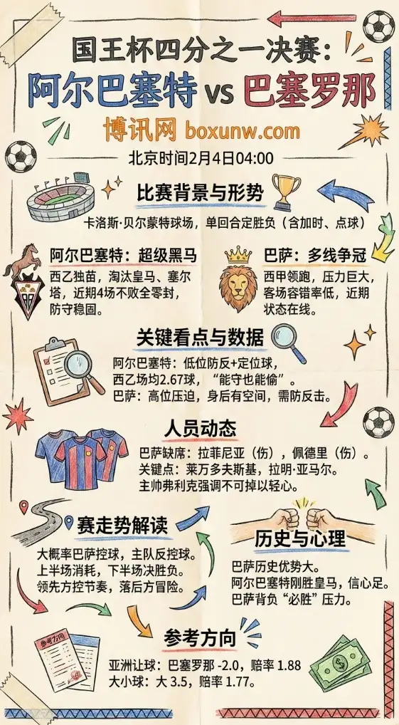 阿尔巴塞特vs巴塞罗那 | 国王杯1/4决赛 | 全面前瞻、赔率和投注思路