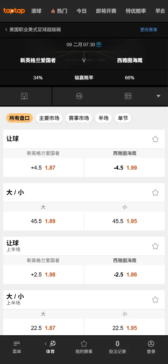 2026超级碗LX - 赔率和盘口信息 - 188bet(TapTap)