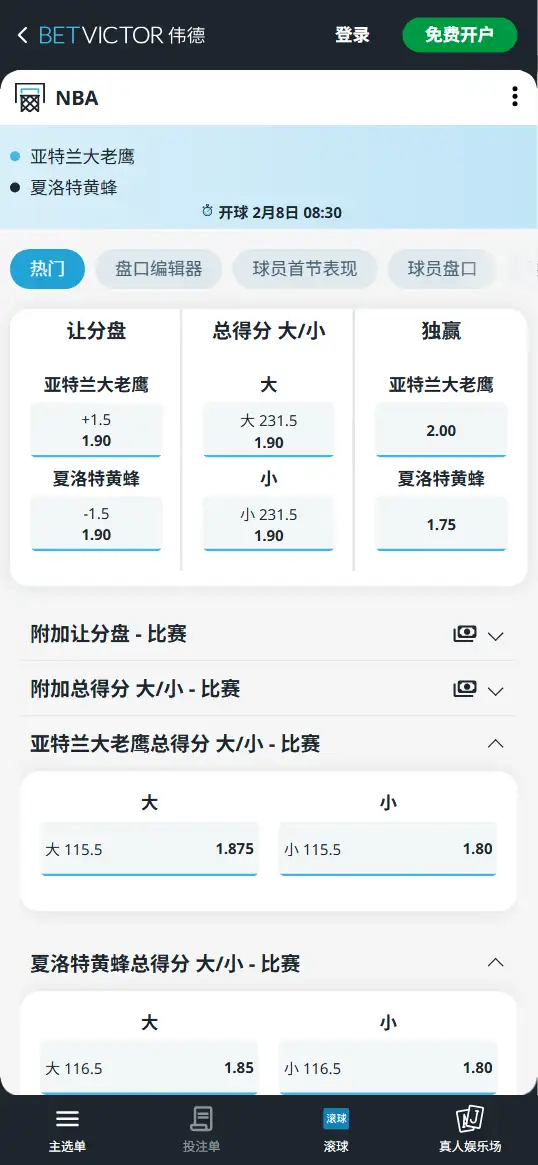 老鹰vs黄蜂-NBA博彩赔率和盘口信息-伟德(betvictor)提供