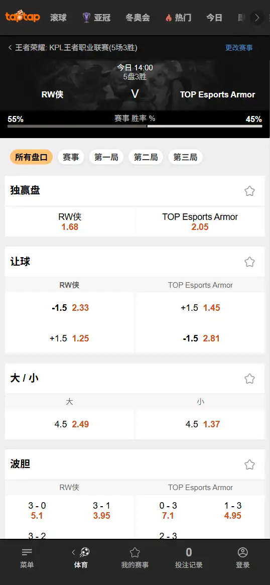 RW侠 vs TES - 2026王者荣耀KPL - 赔率盘口信息188bet(TapTap)提供