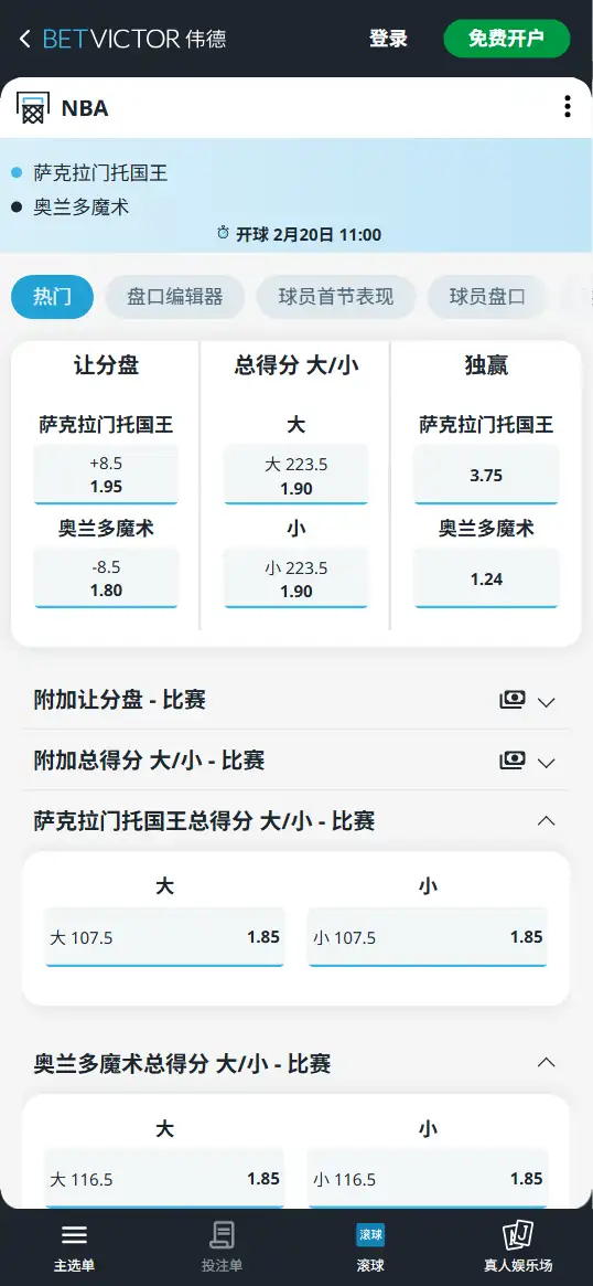 国王vs魔术-NBA博彩赔率和盘口信息-伟德(betvictor)提供