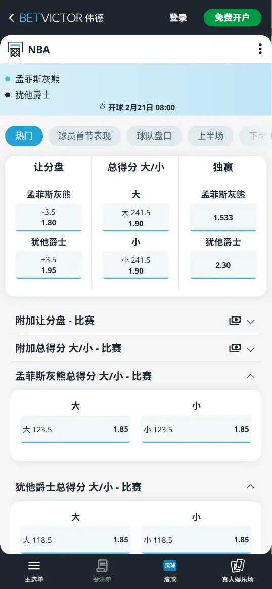 灰熊vs爵士-NBA博彩赔率和盘口信息-伟德(betvictor)提供