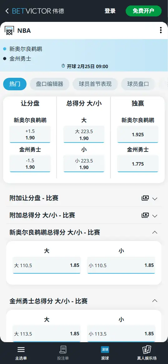 鹈鹕vs勇士-NBA博彩赔率和盘口信息-伟德(betvictor)提供