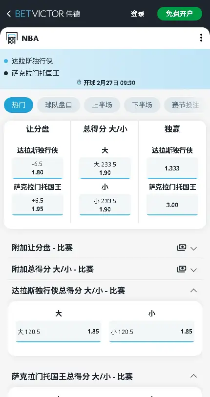 独行侠vs国王-NBA博彩赔率和盘口信息-伟德(betvictor)提供