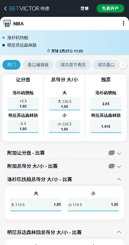 快船vs森林狼-NBA博彩赔率和盘口信息-伟德(betvictor)提供