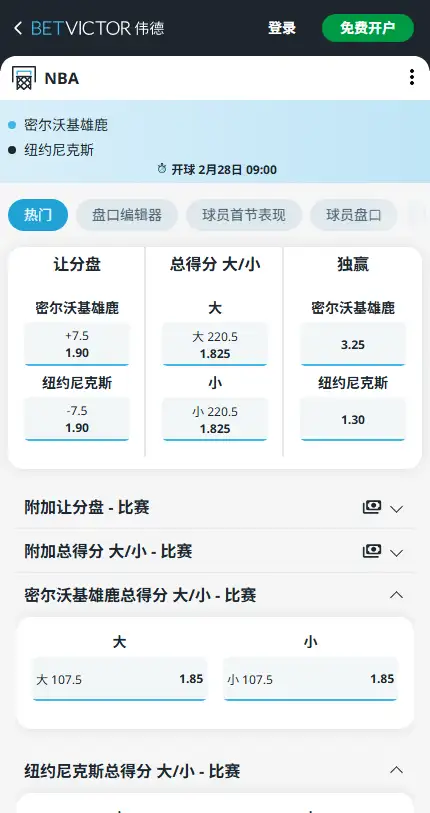雄鹿vs尼克斯-NBA博彩赔率和盘口信息-伟德(betvictor)提供