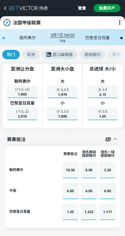 勒阿弗尔vs大巴黎,法甲赔率和盘口信息-伟德(BetVictor)提供