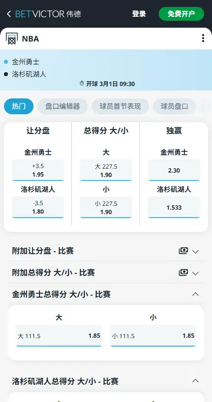 勇士vs湖人-NBA博彩赔率和盘口信息-伟德(betvictor)提供