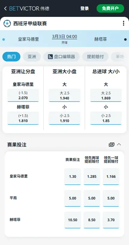 皇马vs赫塔菲，西甲赔率和盘口信息-伟德(BetVictor)提供