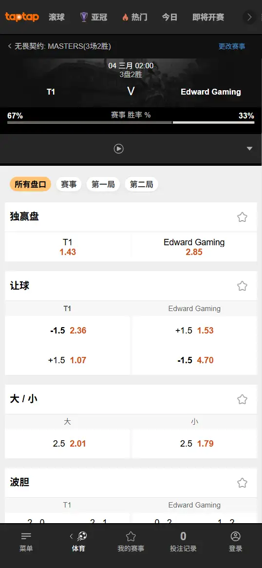 T1对战EDG - 无畏契约 圣地亚哥大师赛 - 赔率信息188bet(TapTap)