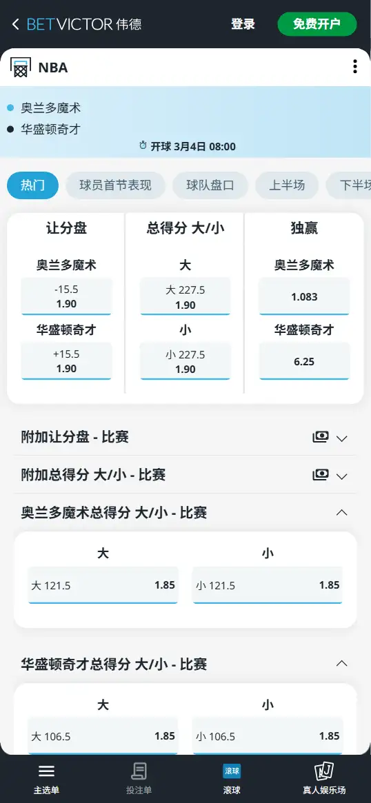 魔术vs奇才-NBA博彩赔率和盘口信息-伟德(betvictor)提供