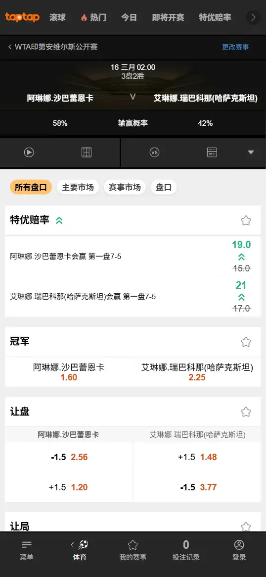 萨巴伦卡vs莱巴金娜 - WTA1000印第安维尔斯女单决赛 - 赔率盘口信息188bet(TapTap)提供