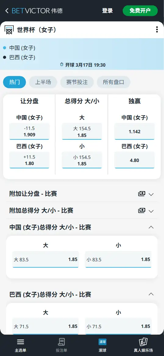 中国vs巴西-女篮世界杯博彩赔率和盘口信息-伟德(betvictor)提供